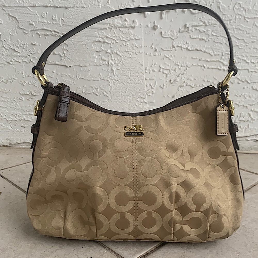Coach Signature C Logo Satchel in Khaki Sateen with Mahogany Strapping